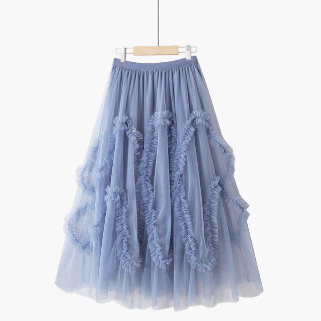 Autumn and winter retro sweet solid color fairy with irregular large swing, beautiful and slim lace mesh skirt