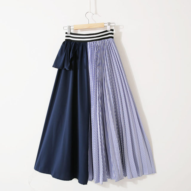 Autumn and winter new versatile contrasting color splicing high-waisted striped ruffled irregular pleated mid-length skirt