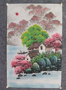 手绘桃花山水春景图国画福地雅居客厅玄关富山春居图挂画特价E4