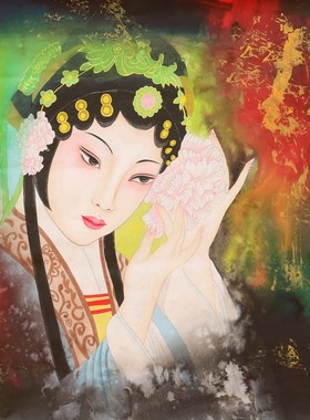 四尺斗方重彩人物京剧花旦脸谱画国画客厅装饰挂画特价HB572402