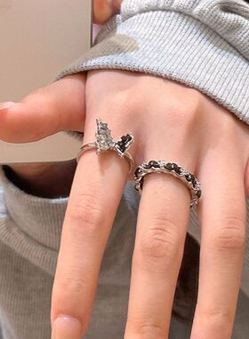 戒指高级开口配饰设计网红蝴蝶钻碎酷小众食指气质指环女潮撞色戒