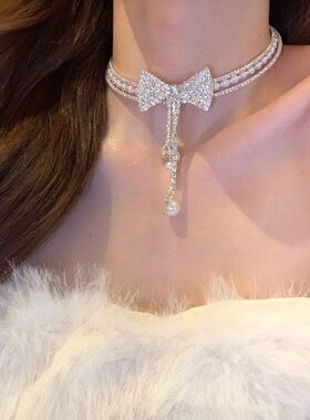 蝴蝶结感~链女晚宴choker满钻锁骨千金宴会珍珠项链礼服项圈赴约