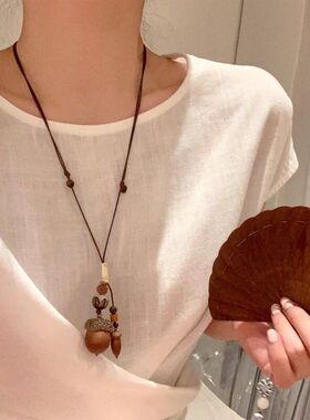 禅意复古长款橡果编织颈链项链