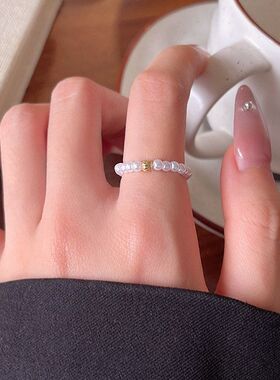 珠韩版红叠女百搭珍珠串珠简约戴绳手饰戒指戒小金弹力时尚网食指