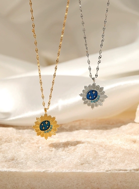 欧美14K金星月组合滴油项链女INS风小众设计感百搭不锈钢项饰