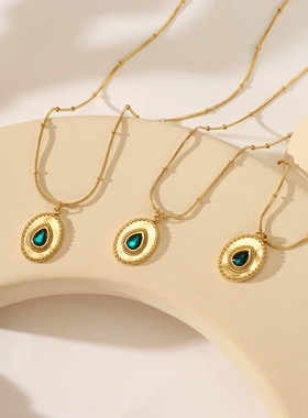 欧美摩登绿松石不锈钢项链女小众设计高级感百搭椭圆吊坠饰品