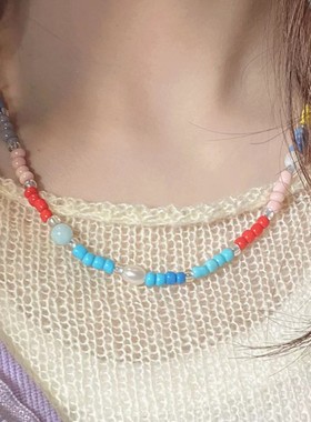 原创设计欧美夏日甜甜彩虹米珠天然淡水珍珠玉髓项链手链锁骨链女