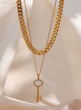 欧美ins小众摩登热卖组合链饰品 不锈钢爱心镶锆螺纹钥匙吊坠项链