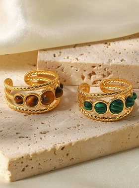 INS风女式摩登流行新款百搭戒指五颗绿孔雀石/虎眼石镂空开口戒指