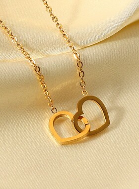 欧美新款热销18K金不锈钢双爱心环项链摩登INS心形吊坠项链女项饰