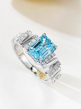 欧美经典S925银6*8长方车平浅海蓝色戒指高碳钻仿真海蓝宝钻戒女