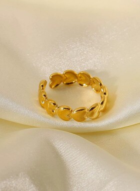 欧美INS网红钛钢戒指真空电镀18k金不锈钢立体爱心豆豆开口戒指女