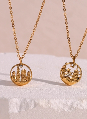 欧美ins时尚简约个性项坠毛衣链饰品 不锈钢世界城市圆形吊坠项链