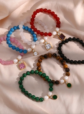 欧美ins摩登简约流行百搭手饰饰品 黑玛瑙天然石串珠锆石吊坠手链