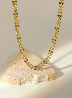 欧美摩登INS风同款项链18K金绿色滴油橄榄叶子项链女士个性饰品