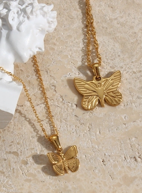 2024欧美摩登巴洛克项链女 ins个性不锈钢蝴蝶吊坠气质锁骨链