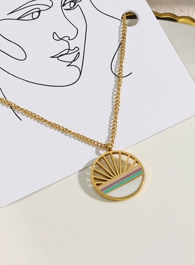 欧美ins个性流行项坠饰品女 不锈钢圆形彩色滴油贝壳镂空吊坠项链