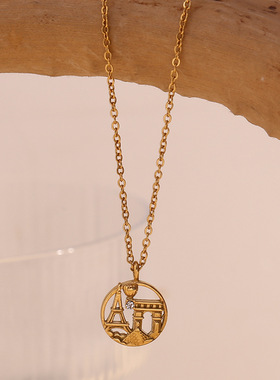 欧美法式铁塔剪影项坠不锈钢镀18K金著名城市巴黎圆形吊坠项链女