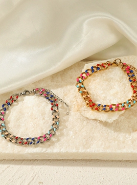 欧美INS摩登彩色滴油手链个性复古民族流行18K镀金不锈钢古巴链女