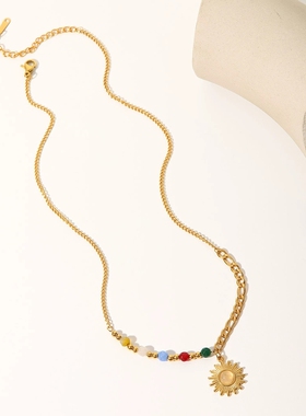 INS法式新款钛钢吊坠项链18K金天然石猫眼石太阳吊坠彩色石头项链