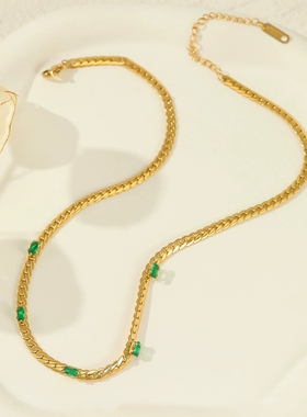法式优雅复古方形绿色宝石项链14K金不锈钢项链INS风女士钛钢项饰