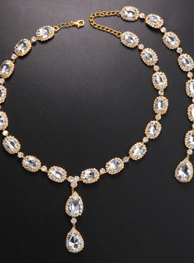 欧美优雅水滴新娘后背链奢华婚纱水晶项链身体链锁骨链 Necklace