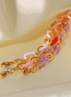 INS女式摩登百搭手链18K金薰衣草紫色不锈钢手链彩色树脂钛钢手链