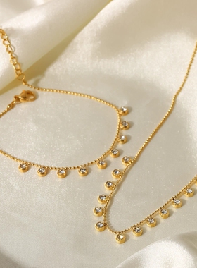 INS法式新款镶钻流苏颈链摩登百搭钛钢项链白色锆石不锈钢颈链女