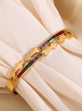 欧美小众设计爆款手饰不锈钢镀18K金双层彩色锆石桃心弹簧扣手镯