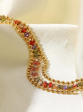 欧美网红博主夏季同款钛钢项链彩色锆石镶嵌不锈钢多层镀金手链女