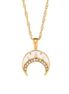 欧美ins摩登个性百搭项坠饰品女 不锈钢滴油月牙牛角锆石吊坠项链