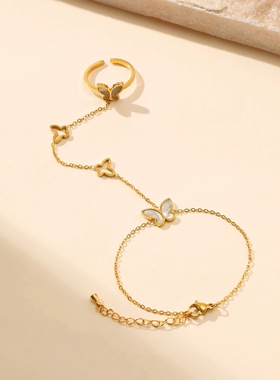 欧美摩登白贝镶嵌蝴蝶不锈钢手指链套装 个性流行18K镀金首饰