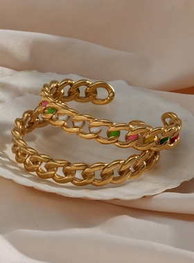 2024欧美简约摩登锁链女式 几何麻花开口编织古巴链彩色滴油手镯