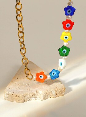 INS新款摩登趣味风18K金不锈钢项链琉璃彩色花朵拼接十字链项饰女