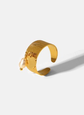 几何独立型包装INS网红同款戒指18K金不锈钢爱心形珍珠吊坠开口戒