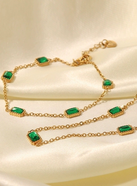 欧美ins风方形祖母绿锆石项链潮流小众高级感钛钢锁骨链项链手链