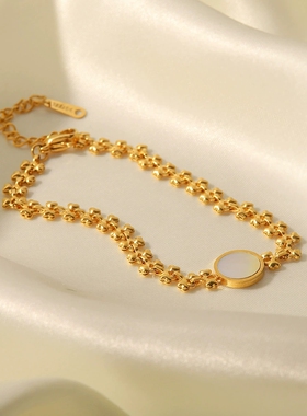 钛钢圆形贝母麦穗手链 女高级感气质金色手镯INS潮流小众复古手饰
