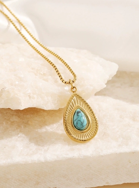 跨境新品ins不锈钢蓝松石水滴吊坠18K镀金项链波西米亚风项链