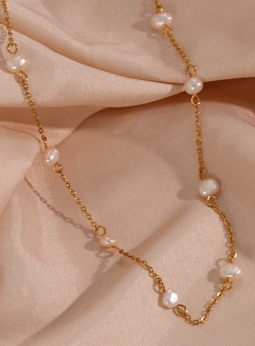 欧美ins摩登简约流行手链饰品女 小众潮流不锈钢淡水珍珠链条项链