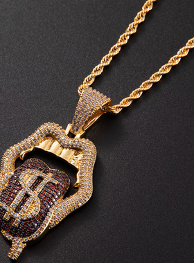 欧美潮人个性新款嘻哈美元嘴唇舌头吊坠微镶锆石男士说唱嘻哈项链