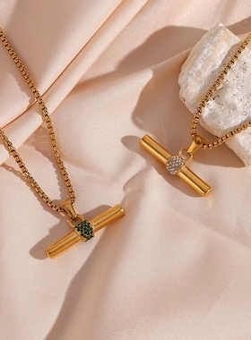 欧美ins摩登简约小众个性项坠饰品 不锈钢镀18K微镶T-Bar吊坠项链