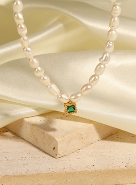 ins法式复古风天然淡水珍珠宝石吊坠潮流锁骨链毛衣链钛钢项链女