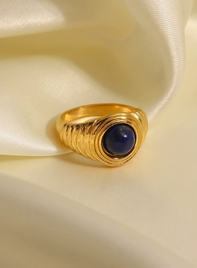 欧美INS网红摩登同款流行戒指18K金不锈钢椭圆青金石戒指女士指环