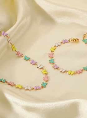 女式摩登百搭配饰18k金不锈钢滴油手链彩色珐琅蝴蝶项圈项链套装