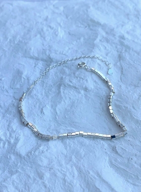 S925纯银小方块手链女简约个性方管几何手环可调节几两碎银子手串