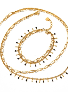 欧美新款不锈钢双层毛衣链黑色滴油流苏颈链锁骨链项链复古饰品女