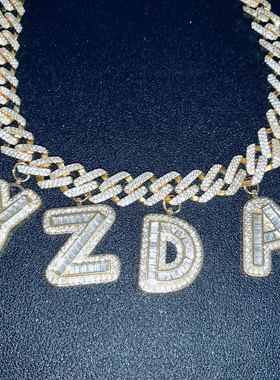 可定制！欧美嘻哈大号夸张冰糖字母挂圈拼接吊坠项链微镶锆石项链