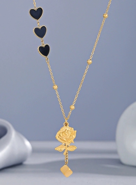 跨境玫瑰花吊坠项链女ins小众设计高级感黑色爱心不锈钢项饰