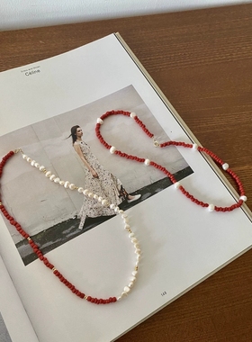 欧美新年本命年大红色米珠天然淡水珍珠项链颈链毛衣链叠戴项链女