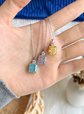 跨境爆款S925纯银项链方糖钻8A锆石冰花切高炭钻9*10吊坠轻奢项饰